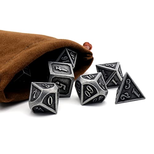 HNCCESG Metal Dice Set – 7 Polyhedral Zinc Alloy Dice for D&D and RPGs (Ancient Silver)