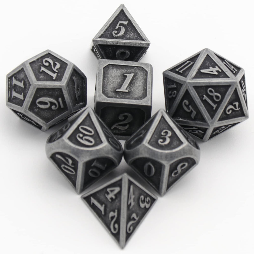 HNCCESG Metal Dice Set – 7 Polyhedral Zinc Alloy Dice for D&D and RPGs (Ancient Silver)