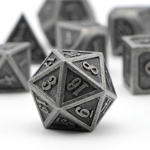 HNCCESG Metal Dice Set – 7 Polyhedral Zinc Alloy Dice for D&D and RPGs (Ancient Silver)