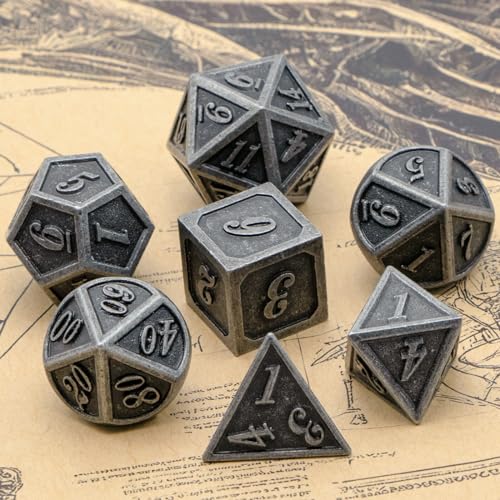 HNCCESG Metal Dice Set – 7 Polyhedral Zinc Alloy Dice for D&D and RPGs (Ancient Silver)