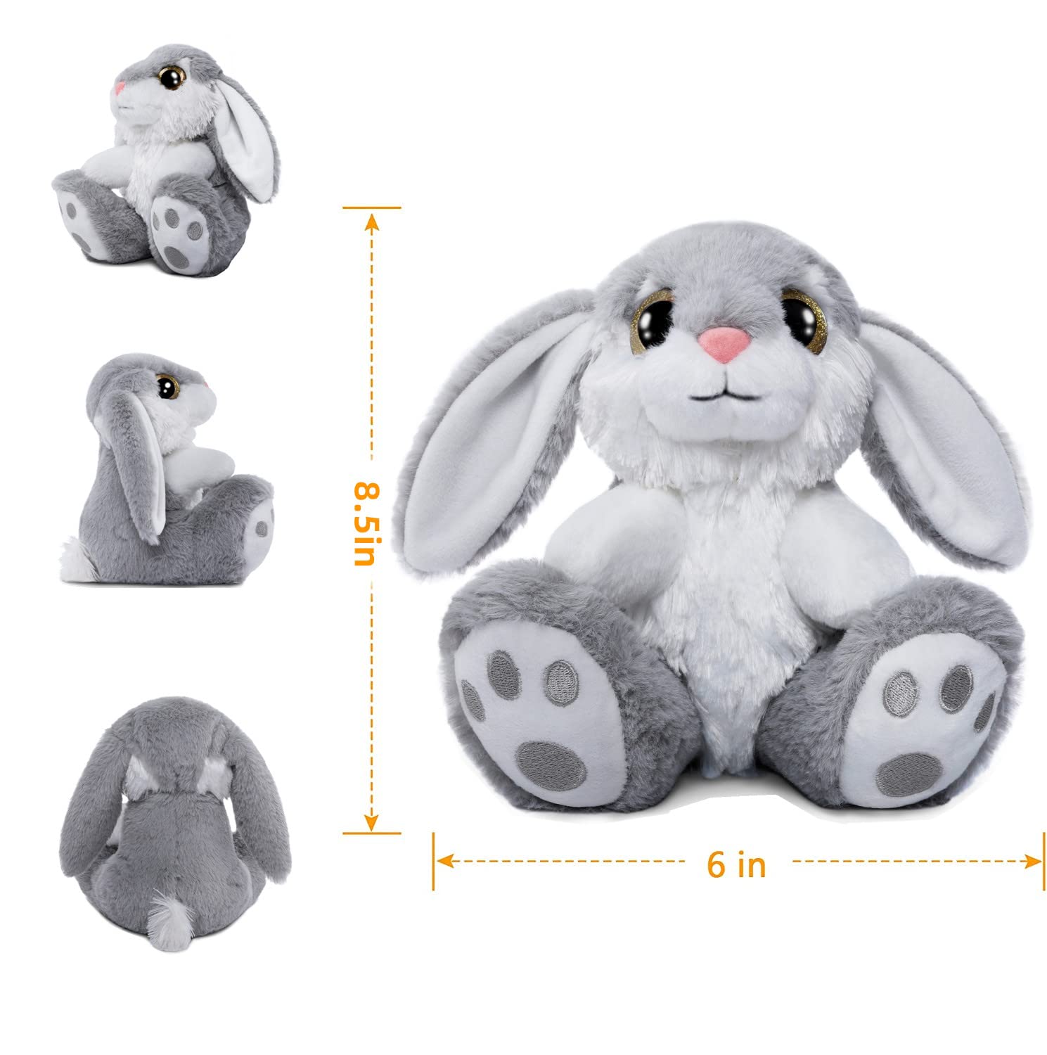 HO-EF 8.5" Gray Easter Bunny Plush – Soft Floppy-Eared Stuffed Animal with Machine Washable Design