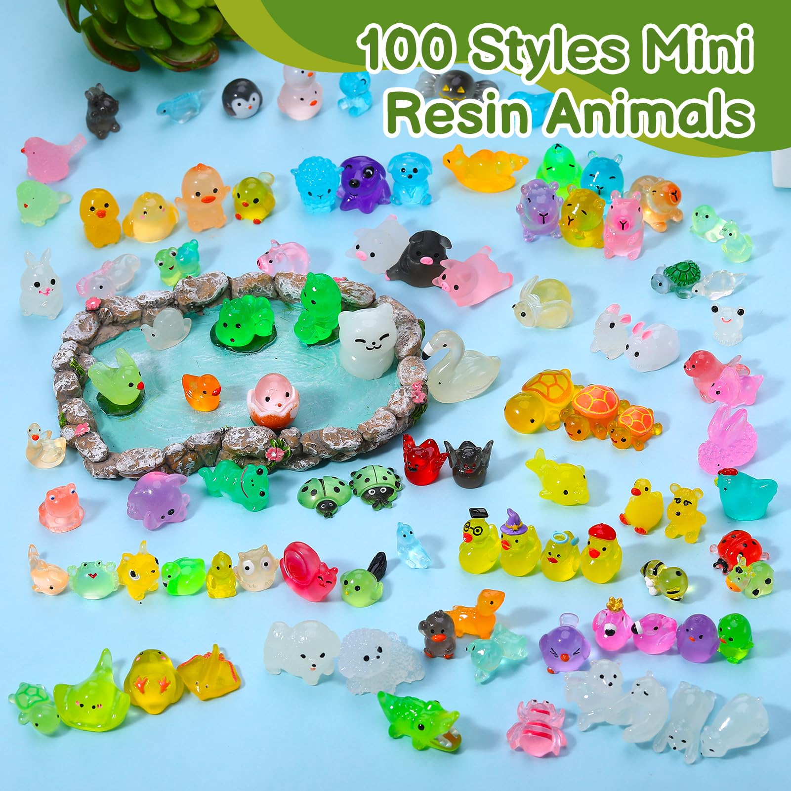Hoemwarm 100-Piece Glow-in-the-Dark Mini Resin Animals – Unique Figurines for Dollhouse, Garden, Aquarium & DIY Decor