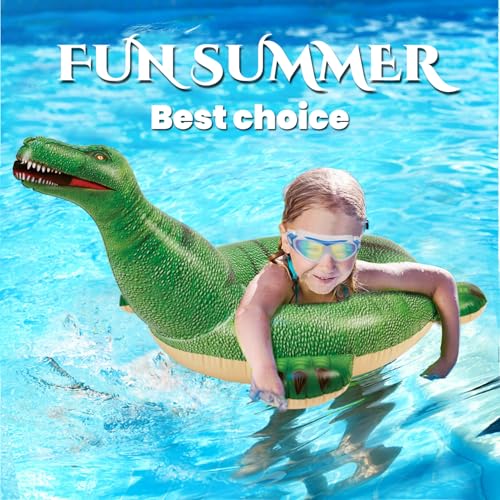 HOHQB Lifelike Inflatable Dinosaur Pool Float for Kids – 37" Green Dino Ring for Ages 3-12