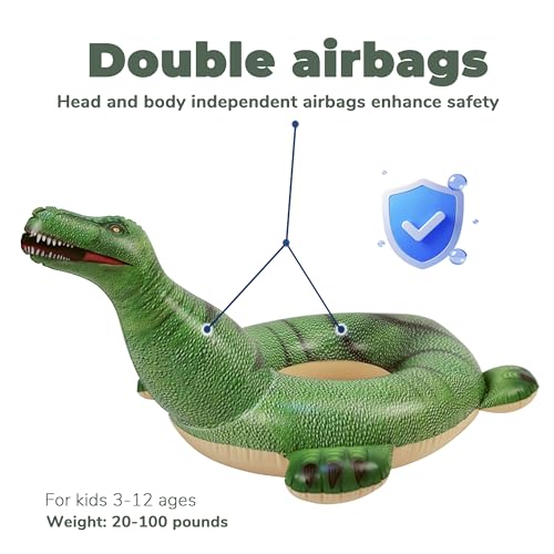 HOHQB Lifelike Inflatable Dinosaur Pool Float for Kids – 37" Green Dino Ring for Ages 3-12