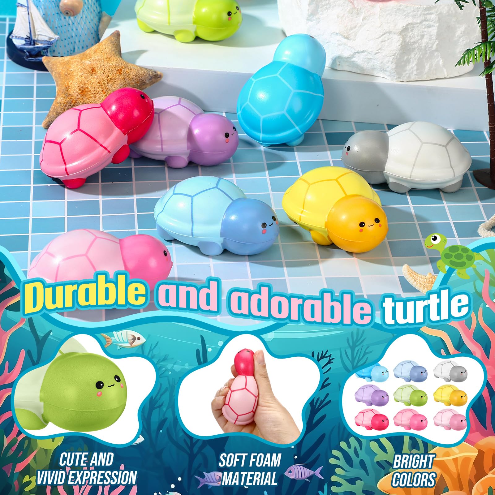 Hollowfly 12-Pack Turtle Stress Balls – Colorful Foam Squeeze Toys for Anxiety Relief, Party Favors, Office Gifts