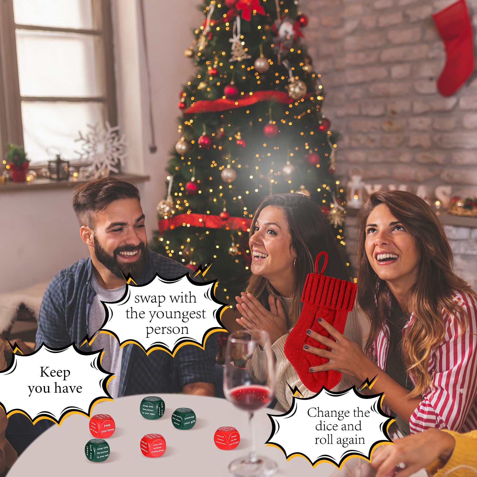 Hollowfly Christmas Dice Game – 6 Gift Exchange Dice with Stocking, Red & Green