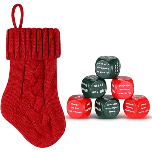 Hollowfly Christmas Dice Game – 6 Gift Exchange Dice with Stocking, Red & Green
