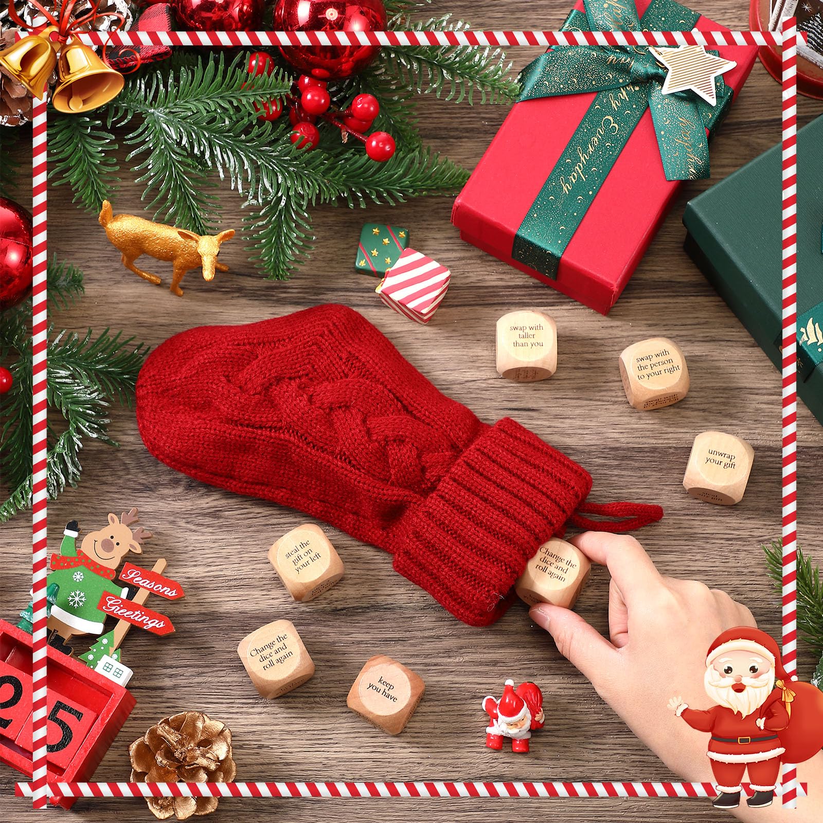 Hollowfly Christmas Dice Gift Exchange Game – 12 Wooden Dice with Stocking for Family Parties
