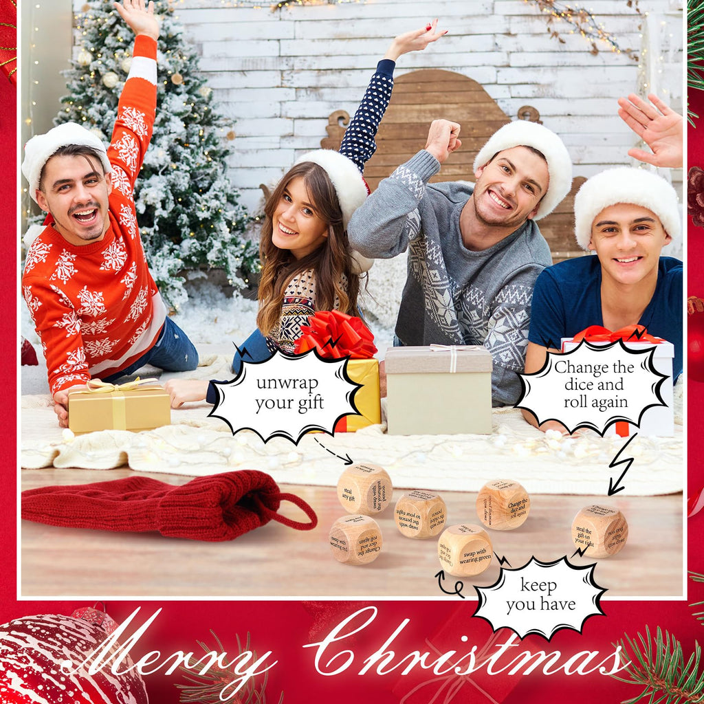 Hollowfly Christmas Dice Gift Exchange Game – 12 Wooden Dice with Stocking for Family Parties