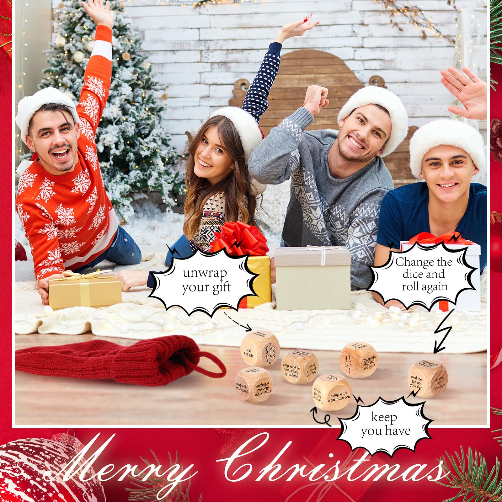 Hollowfly Christmas Dice Gift Exchange Game – 12 Wooden Dice with Stocking for Family Parties