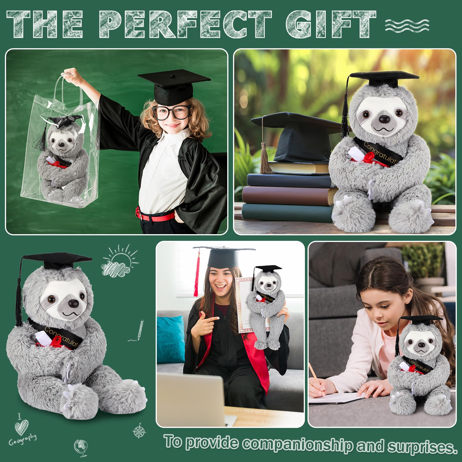 Hollowfly Class of 2026 Graduation Sloth Plush - Soft Stuffed Animal with Cap and Gift Bag, 13.4 Inch