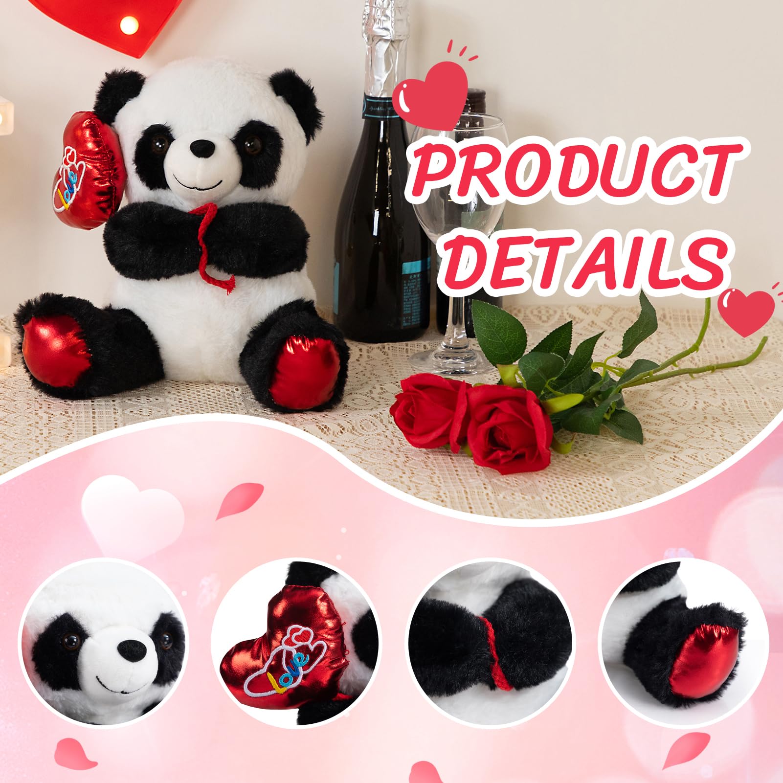 HollyHOME 10-Inch Panda Plush with Heart Balloon – Red Feet, Soft Cuddle Toy for Valentine's