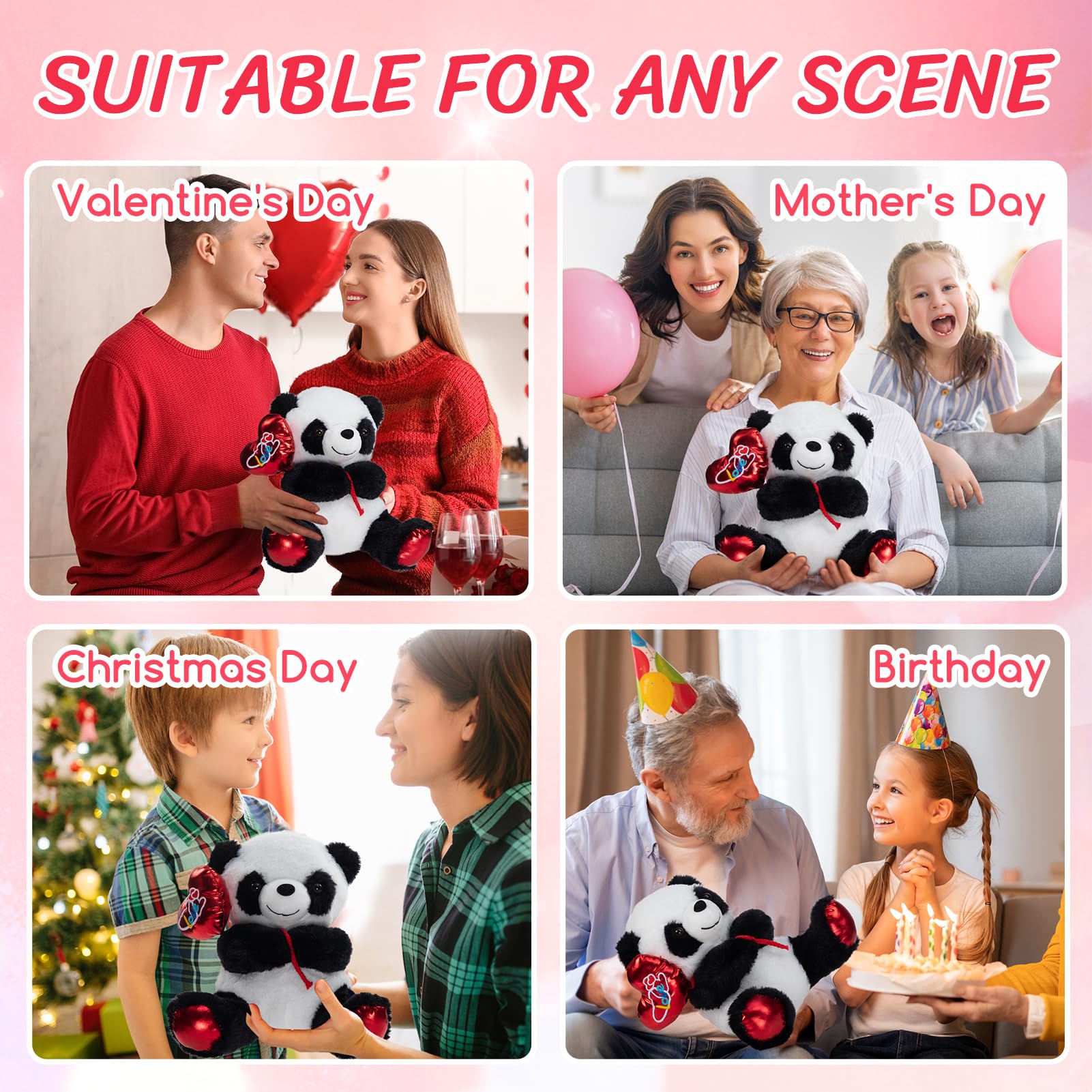 HollyHOME 10-Inch Panda Plush with Heart Balloon – Red Feet, Soft Cuddle Toy for Valentine's