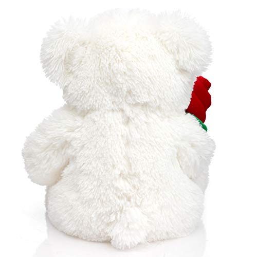 HollyHOME 12-Inch White Teddy Bear with Red Rose and Bow – Soft Plush Stuffed Animal Gift