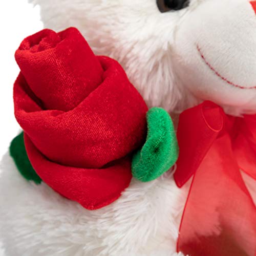 HollyHOME 12-Inch White Teddy Bear with Red Rose and Bow – Soft Plush Stuffed Animal Gift