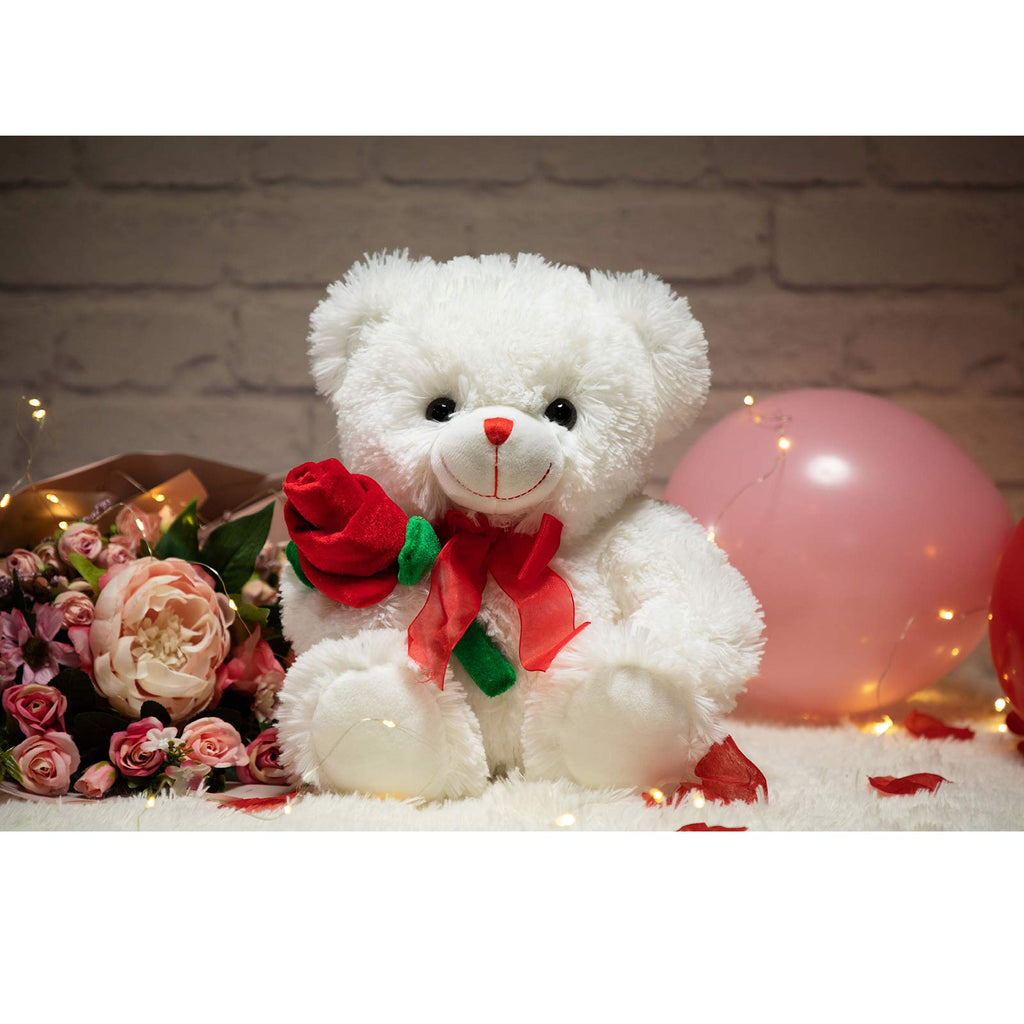 HollyHOME 12-Inch White Teddy Bear with Red Rose and Bow – Soft Plush Stuffed Animal Gift