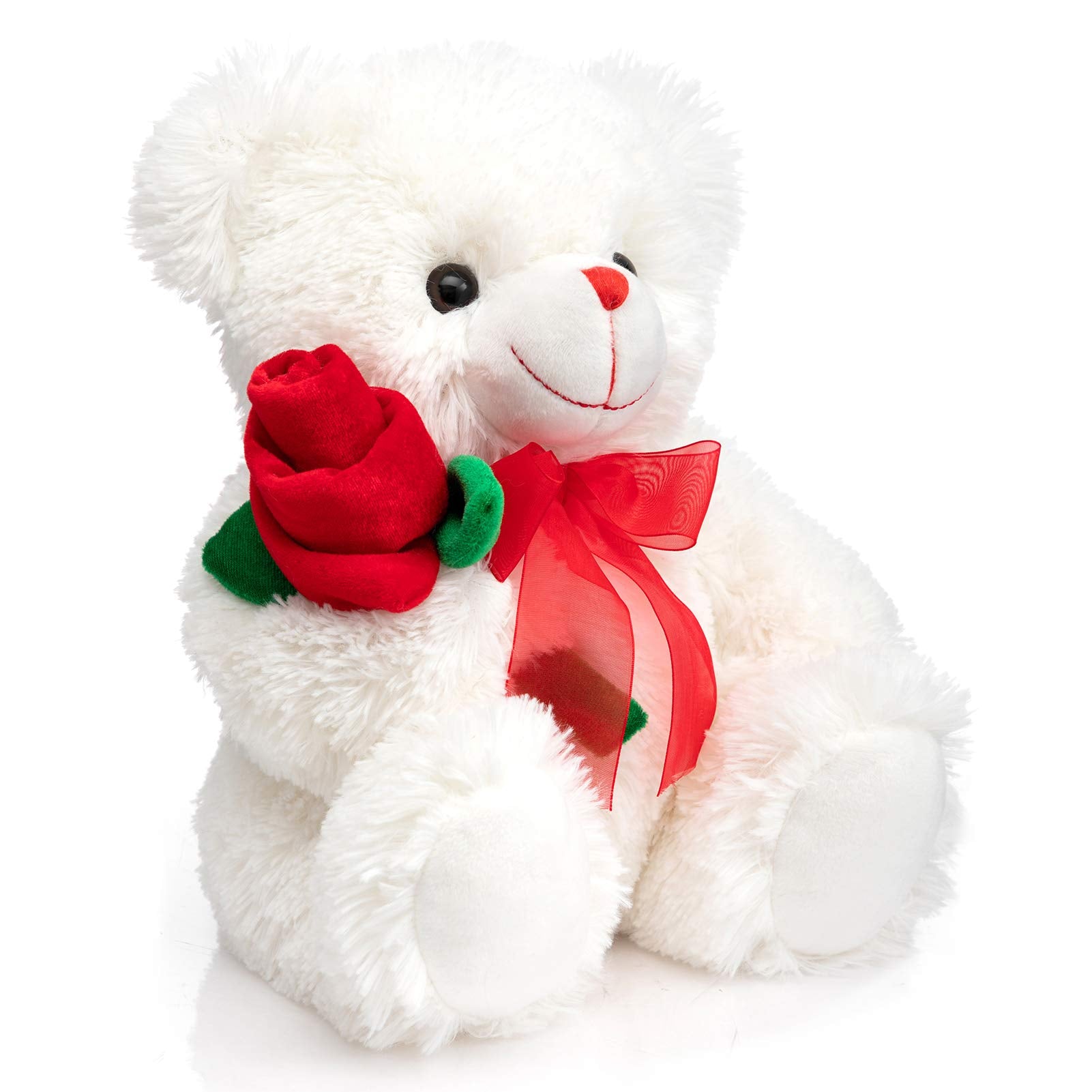 HollyHOME 12-Inch White Teddy Bear with Red Rose and Bow – Soft Plush Stuffed Animal Gift