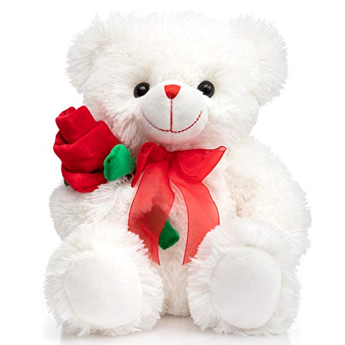HollyHOME 12-Inch White Teddy Bear with Red Rose and Bow – Soft Plush Stuffed Animal Gift