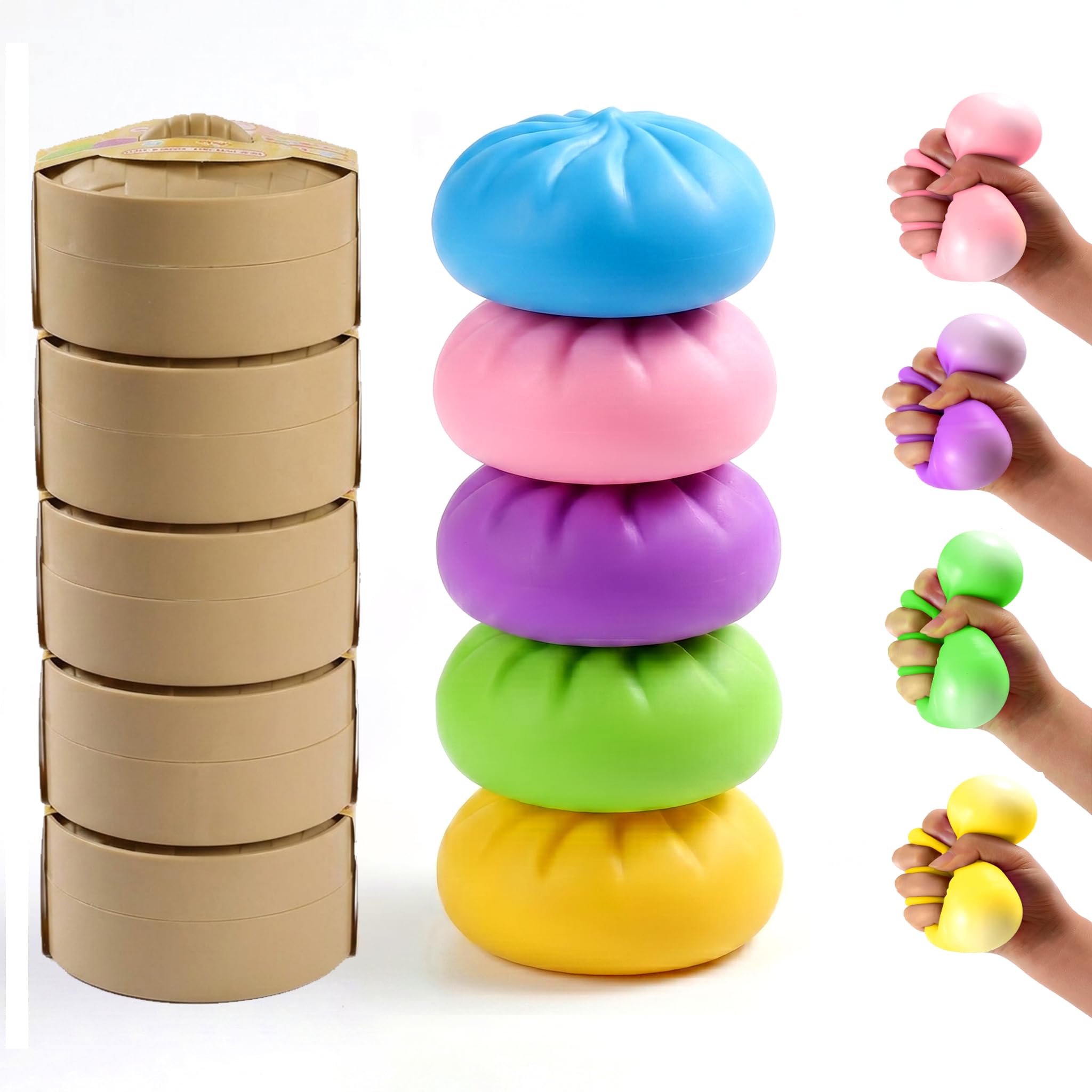 Home&Husky 5-Pack Colorful Dumpling Squishy Stress Balls with Mini Steamers - Sensory Fidget Toys for Stress Relief