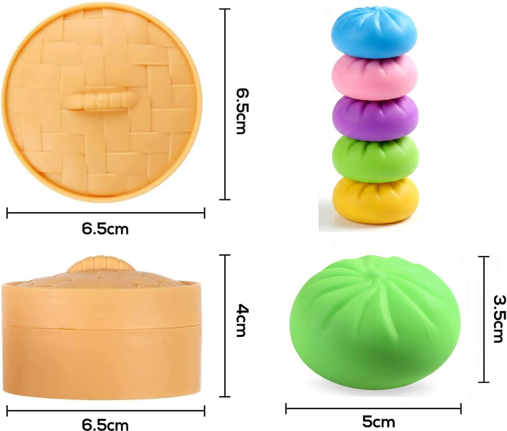 Home&Husky 5-Pack Colorful Dumpling Squishy Stress Balls with Mini Steamers - Sensory Fidget Toys for Stress Relief