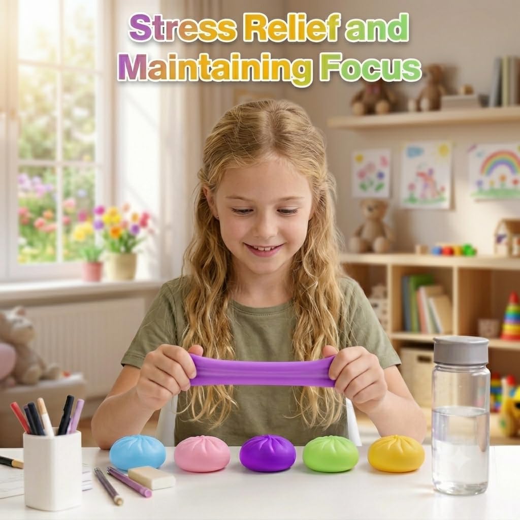 Home&Husky 5-Pack Colorful Dumpling Squishy Stress Balls with Mini Steamers - Sensory Fidget Toys for Stress Relief