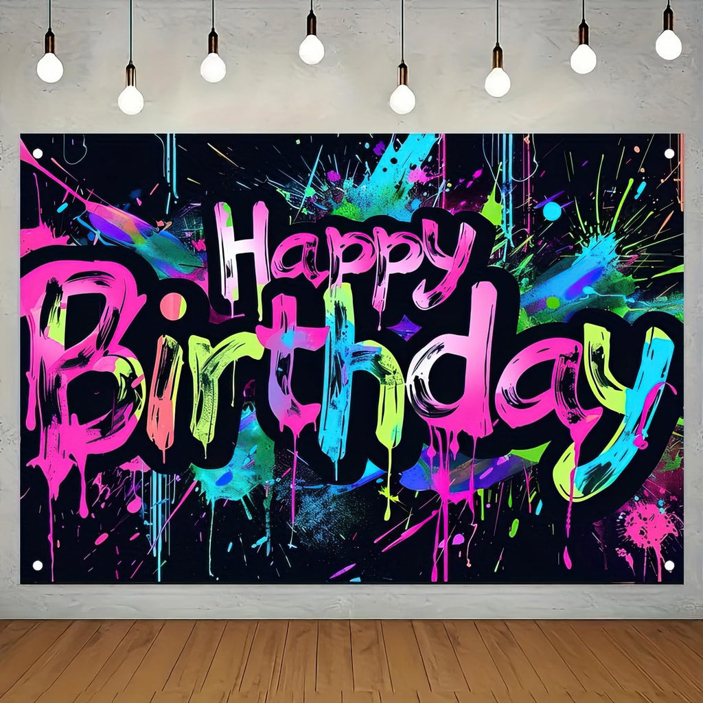 HOMETITUTE Neon Happy Birthday Banner 71x43 Glow in the Dark Backdrop for Parties