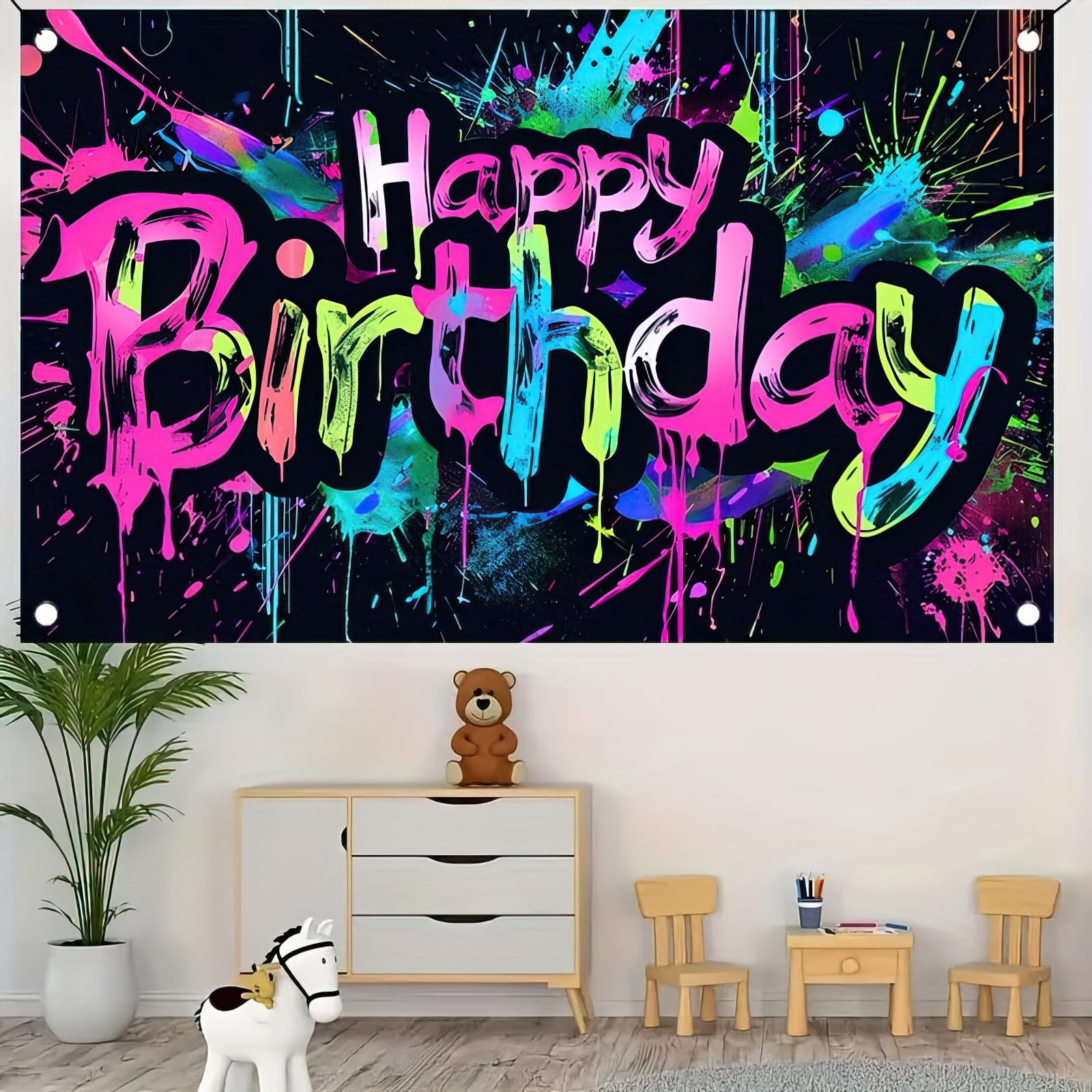 HOMETITUTE Neon Happy Birthday Banner 71x43 Glow in the Dark Backdrop for Parties