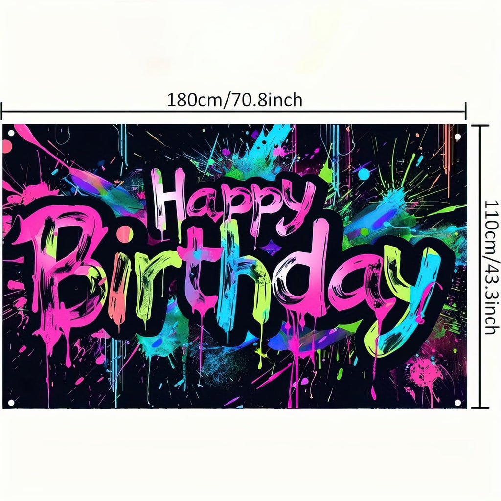 HOMETITUTE Neon Happy Birthday Banner 71x43 Glow in the Dark Backdrop for Parties
