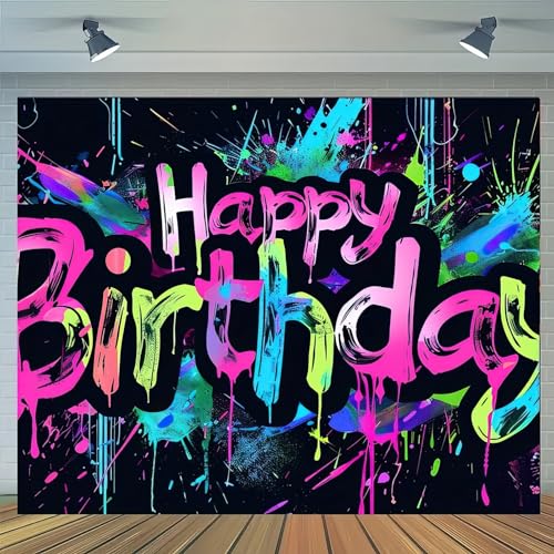 HOMETITUTE Neon Happy Birthday Banner 71x43 Glow in the Dark Backdrop for Parties