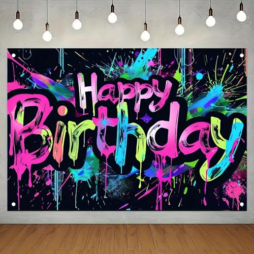 HOMETITUTE Neon Happy Birthday Banner 71x43 Glow in the Dark Backdrop for Parties