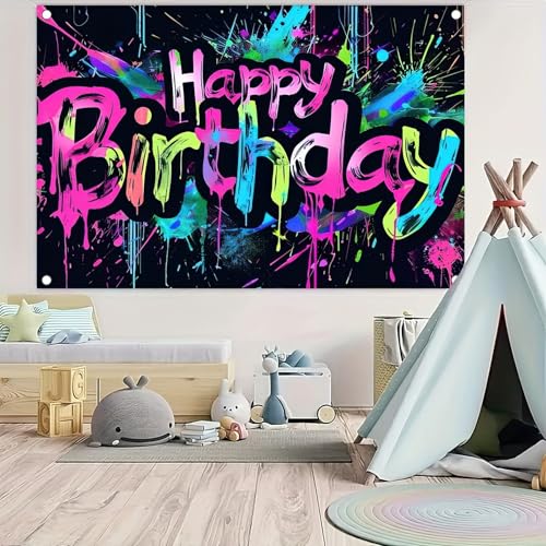 HOMETITUTE Neon Happy Birthday Banner 71x43 Glow in the Dark Backdrop for Parties