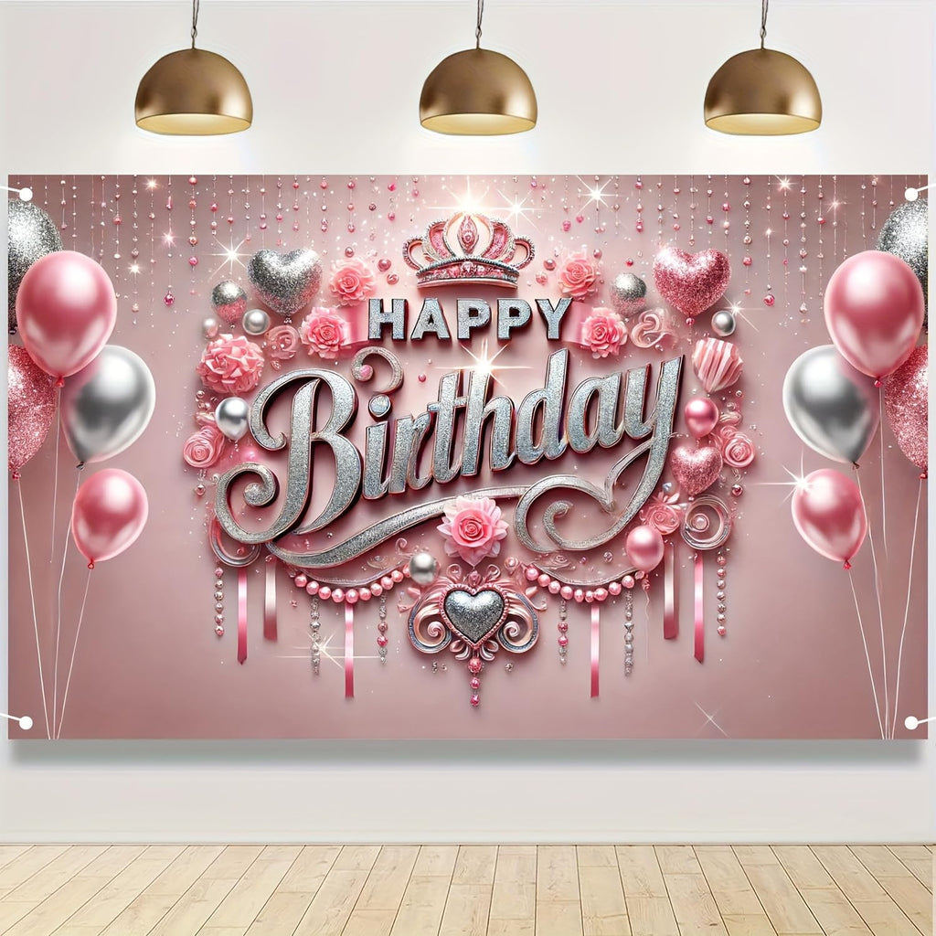 HOMETITUTE Pink Happy Birthday Banner Backdrop 71x43 Inch - Glitter Roses Balloons Design for Girls Women Party Decoration