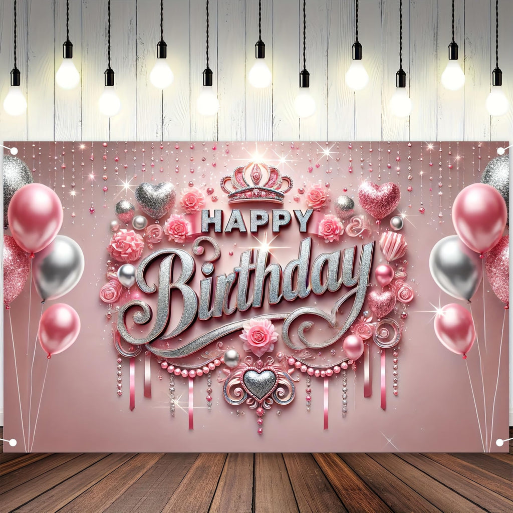 HOMETITUTE Pink Happy Birthday Banner Backdrop 71x43 Inch - Glitter Roses Balloons Design for Girls Women Party Decoration