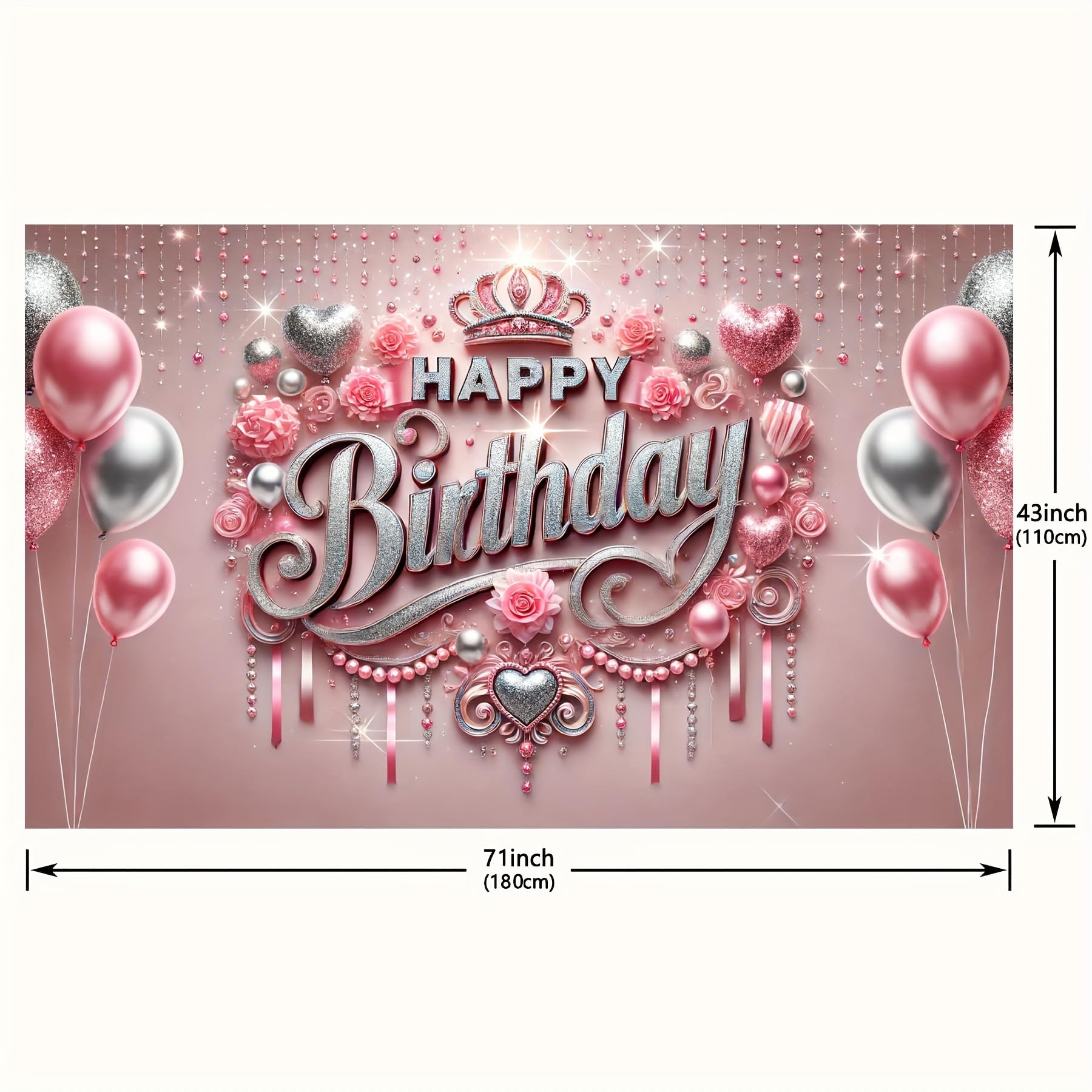 HOMETITUTE Pink Happy Birthday Banner Backdrop 71x43 Inch - Glitter Roses Balloons Design for Girls Women Party Decoration
