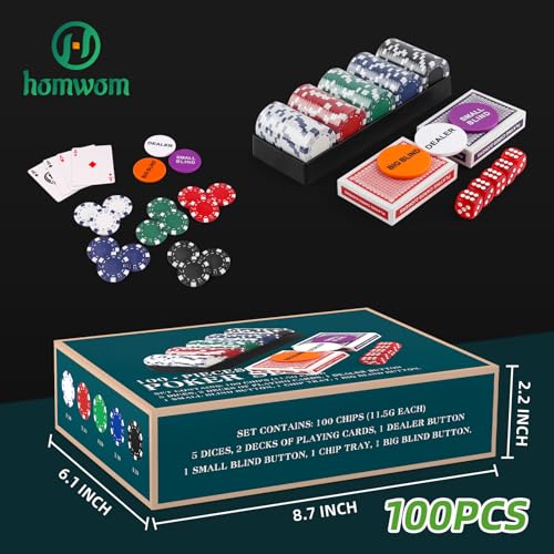 Homwom 100-Piece Poker Chip Travel Set – 11.5g Clay Composite Chips in Cardboard Box with Cards and Dice