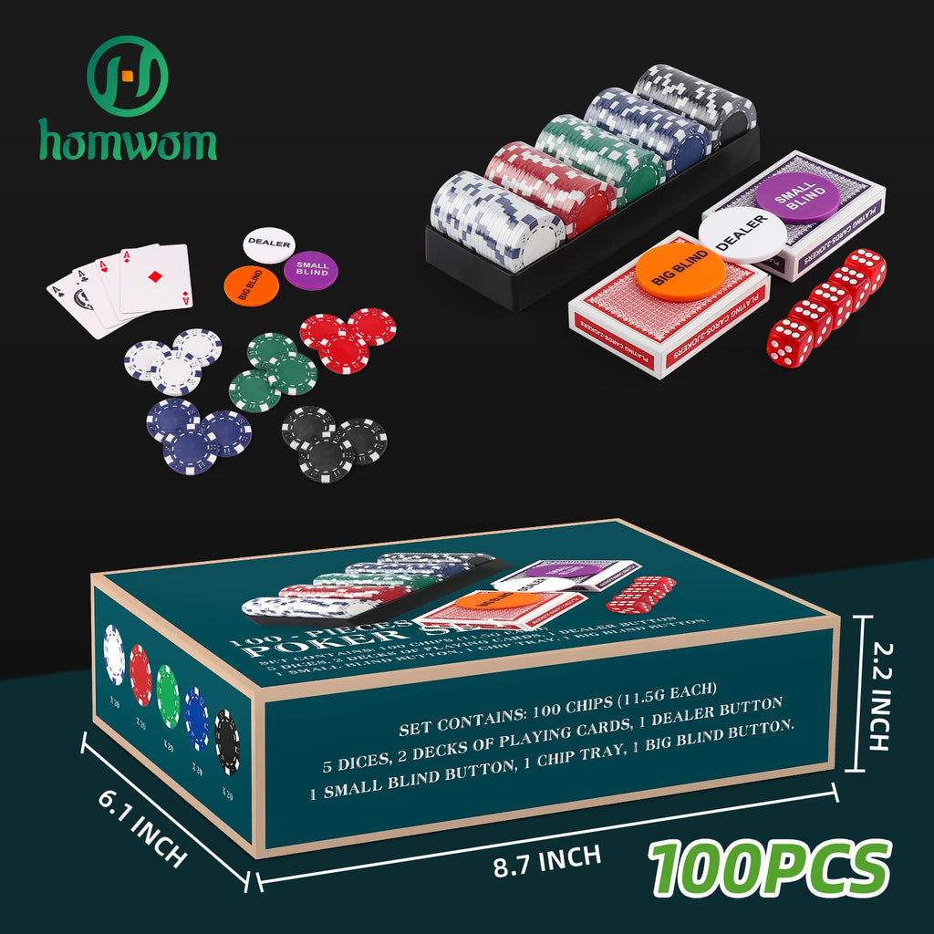 Homwom 100-Piece Poker Chip Travel Set – 11.5g Clay Composite Chips in Cardboard Box with Cards and Dice