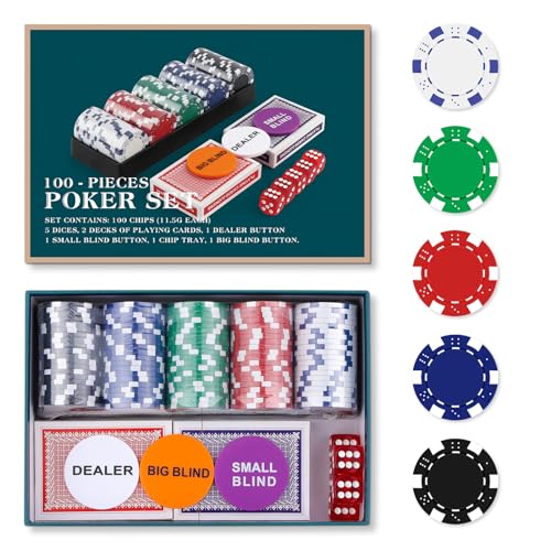 Homwom 100-Piece Poker Chip Travel Set – 11.5g Clay Composite Chips in Cardboard Box with Cards and Dice