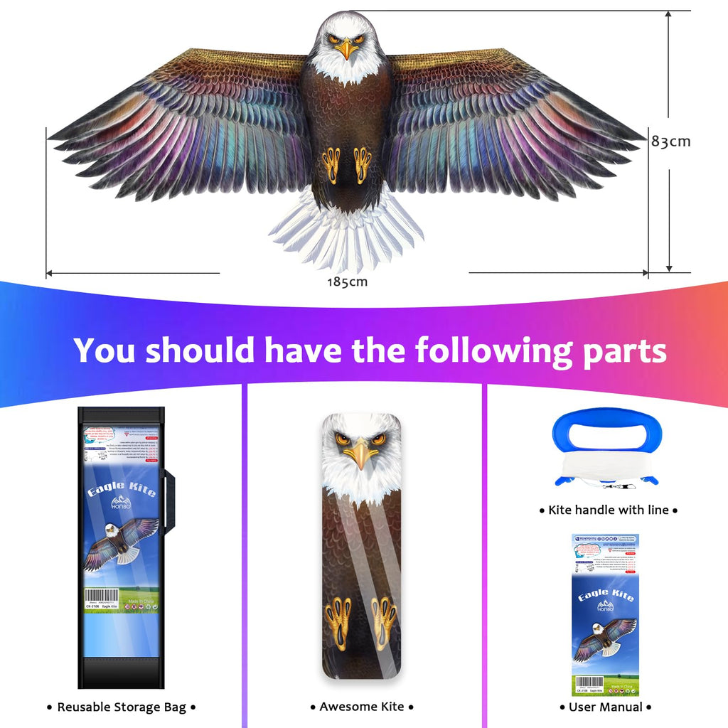 Honbo Eagle Kite: 73-Inch Wingspan, 200ft Line, Ripstop Polyester, for Beach and Outdoor Fun