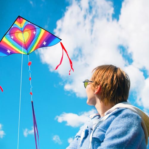 Honbo Large Delta Kite 53.5x30.3" – Easy to Fly for Kids & Adults with Colorful Tails and Handle Line Included