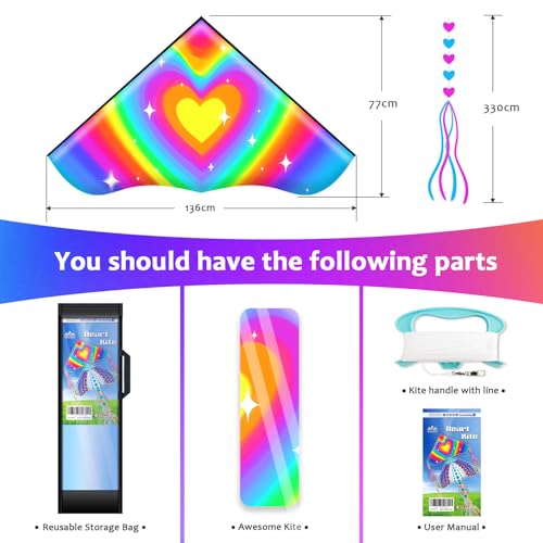 Honbo Large Delta Kite 53.5x30.3" – Easy to Fly for Kids & Adults with Colorful Tails and Handle Line Included