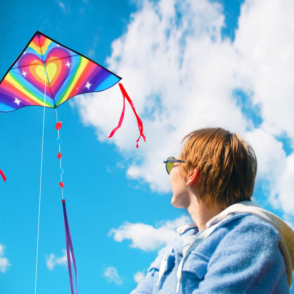 Honbo Large Delta Kite 53.5x30.3" – Easy to Fly for Kids & Adults with Colorful Tails and Handle Line Included