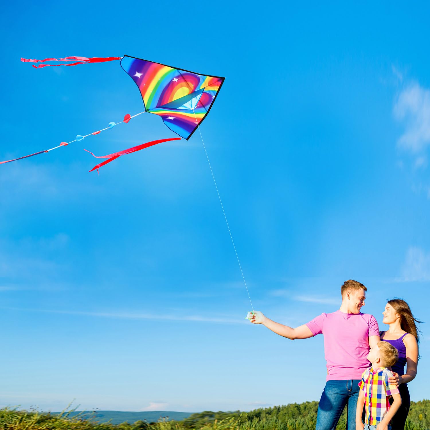 Honbo Large Delta Kite 53.5x30.3" – Easy to Fly for Kids & Adults with Colorful Tails and Handle Line Included