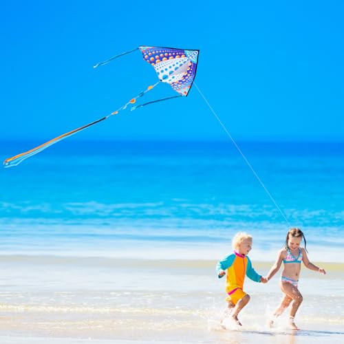HONBO Large Delta Kite 53.5x30.3 Inches – Easy to Fly with Colorful Tails, Includes Line and Handle