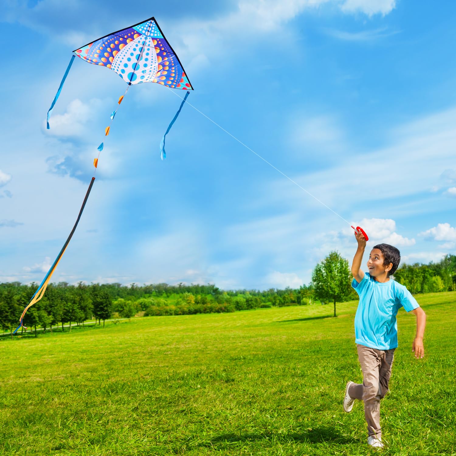 HONBO Large Delta Kite 53.5x30.3 Inches – Easy to Fly with Colorful Tails, Includes Line and Handle