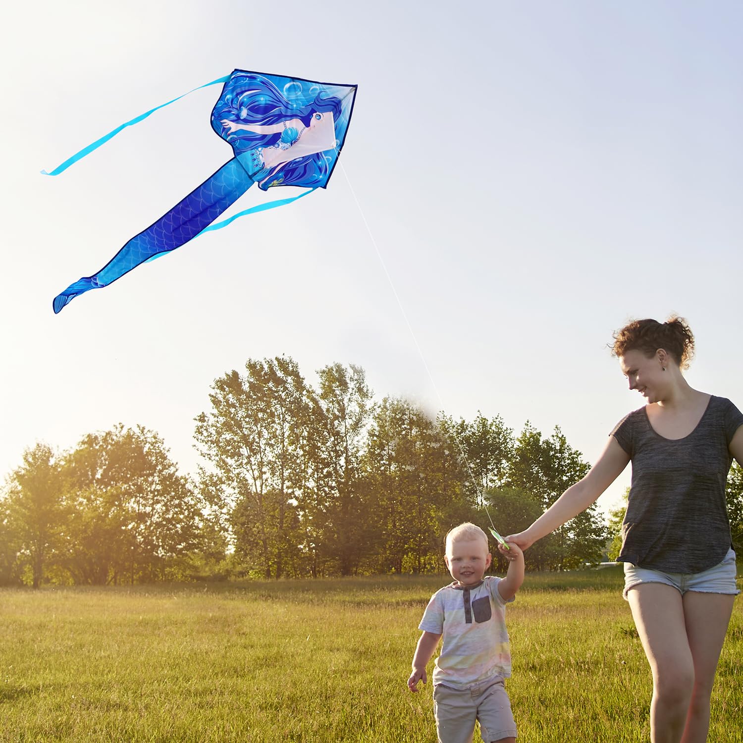 Honbo Large Mermaid Kite - Easy-Flying Delta Kite for Kids & Adults, Blue Nylon with Fiberglass Rods, Portable