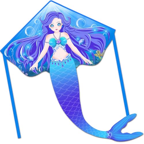 Honbo Large Mermaid Kite - Easy-Flying Delta Kite for Kids & Adults, Blue Nylon with Fiberglass Rods, Portable