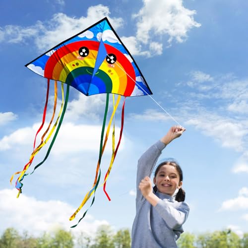 Honbo Large Rainbow Delta Kite – Easy to Fly with 8 Colorful Tails, 61'' x 29'', for Beginners Kids & Adults