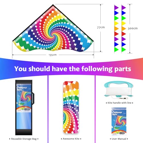 Honbo Lollipop Delta Kite - Large 53.5x30.3 Inch Easy to Fly Kite for Kids and Adults, Includes 200ft Line and Storage Bag