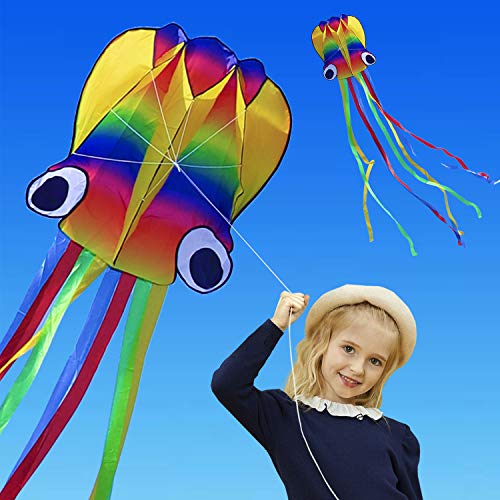 Honbo Rainbow Soft Octopus Kite – 14ft PVC Kite Ready to Fly with 11.5ft Tails