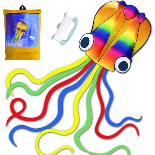 Honbo Rainbow Soft Octopus Kite – 14ft PVC Kite Ready to Fly with 11.5ft Tails
